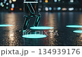 Shiny robot walking on glowing blue circles in dark futuristic environment 134939176