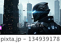 Futuristic robot overlooking modern cityscape with flying vehicles 134939178
