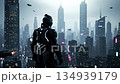Futuristic robot overlooking modern cityscape with flying vehicles 134939179