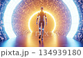 Futuristic humanoid robot walking through neon lit tunnel 134939180
