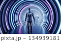 Robotic humans walking through futuristic neon tunnel 134939181