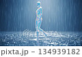 Iridescent humanoid figure walking in rain with shimmering water 134939182