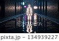 Glowing humanoid figure walking through dark alleyway with reflective wet floor 134939227