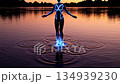 Futuristic figure walking on glowing neon circles in water at sunset 134939230