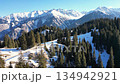 Aerial view of winter mountain forest on a sunny day with huge snow-capped mountains in the background 134942921