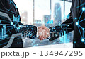 Business Handshake Close Up with Digital Technology and Financial Data Hologram 134947295