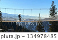 Young man with a backpack crossing a long, narrow suspension bridge. Breathtaking view of a snowy mountain range and a pine forest 134978485
