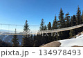 A lone tourist walks across a long suspension bridge high in the mountains, surrounded by snow-covered forest and clear blue sky 134978493