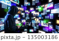 Focused Coder Wearing Hoodie Interacts With Virtual Environment Filled With Streaming Tiles And Media Panels 135003186