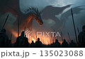 Fantasy action scene of a dragon battle. Medieval soldiers in cinematic battle against flying fire breathing dragon in dark smoke 135023088