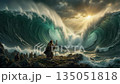 Movie scene of biblical prophet and the parting of the sea by stormy waves 135051818