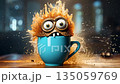 Coffee monster with crazy eyes. Cute character with caffeine energy, very excited 135059769