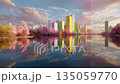 Dreamlike pastel landscape in pink and blue vaporwave colors with abstract futuristic buildings by the water and reflection 135059770