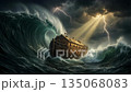 Movie scene of the biblical ark weathering the waves of a huge storm 135068083