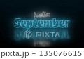 Neon blue Hello September text glowing on a dark reflective surface with a modern luminous atmosphere. 4K video 135076615