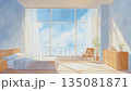 朝日が差し込む寝室の室内風景 水彩風 インテリア背景素材 135081871