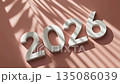 2026 New Year 3D Numbers with Tropical Palm Leaf Shadows on Pink Surface 135086039