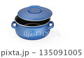 Opening an empty blue enamel cooking pot on white background 135091005