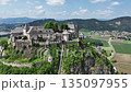 Cinematic drone footage capturing Hochosterwitz Castle on hilltop, fortified walls, dramatic cliffs, summer colors, sweeping aerial movement, historical landmark atmosphere 135097955