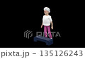 Senior female character doing exercises with a stepping platform. Woman with grey hair practicing stair step workout, 3d render with an alpha channel. 135126243