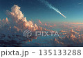 Comet streaking across twilight sky above clouds. 135133288