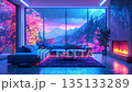 Vibrant synthwave living room with mountain rain view. 135133289