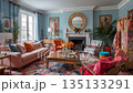 Colorful eclectic living room featuring a pink sofa, blue walls, fireplace, and plants. 135133291