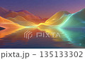 Abstract colorful flowing mountains reflecting in serene water with soft sunset light. 135133302