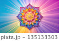 Colorful mandala flower design with rainbow background light rays. 135133303
