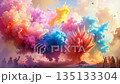 People celebrating, throwing colorful powder in the air, creating clouds of vibrant smoke. 135133304