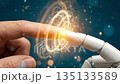Human touching robot hand: AI connection and digital synergy concept. 135133589