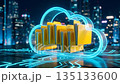 Cloud storage technology: Glowing digital folder on circuit board with smart city background. 135133600