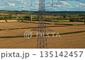 Tower standing on farmland transmitting electricity across countryside. High voltage steel power pylons transmitting electricity. Pylon rising on agricultural land carrying electrical energy 135142457