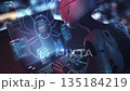 Robot programming AI code on futuristic laptop hologram screen 135184219