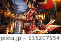 A beautiful anime-style girl in a kimono walking with a Japanese umbrella on a rainy night 135207554