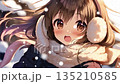 A beautiful anime-style girl wearing earmuffs and showing a surprised expression in the snow 135210585