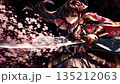 A beautiful anime-style female swordsman in traditional Japanese clothing wielding a sword among cherry blossoms dancing in the darkness 135212063