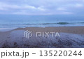 Tranquil seaside landscape of Baltic sea shore with calm coastal surf water waves rolling on sand shoal under cloudy sky at overcast day. No people seascape natural background, low angle shot. 135220244