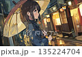 A rainy night, a girl in a kimono standing with a Japanese umbrella and a Japanese town lit up with lights 135224704