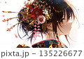 A profile of a beautiful girl in a kimono and a flower hairpin. An illustration that conveys traditional Japanese beauty. 135226677