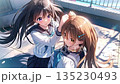 Two high school girls tying their hair in the wind. Youth anime illustration on the school rooftop. 135230493