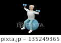 An animation of an elderly male sitting on a ball and lifting weights. senior man on fitness ball lifting dumbbells, 3d render with an alpha channel. 135249365
