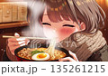 Cute anime girl eating ramen, winter warm meal illustration 135261215