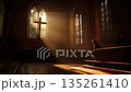 Silent Reflection In Gothic Church Setting, Devotee Seated Peacefully Amid Sacred Sunlight And Shadows 135261410
