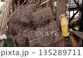 Wire mesh fish traps hanging in a cambodian fishing village. Traditional fishing equipment and gear drying in the open air, Cambodia. 135289711