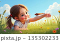 Happy little girl and dragonfly on a meadow with wildflowers. On a summer day, a girl lies on the grass among flowers and plays with a dragonfly. 135302233