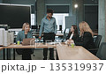 Team members discuss project details in modern office space during work hours 135319937