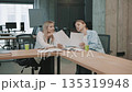 Office colleagues discuss ideas and plans around a table during work hours 135319948