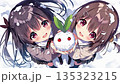 Two beautiful winter anime girls holding snow rabbits 135323215