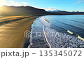 Cinematic Sunrise over Black Sand Volcanic Beach with Crashing Waves, Serene and Tranquil Landscape. Iceland. 135345072
